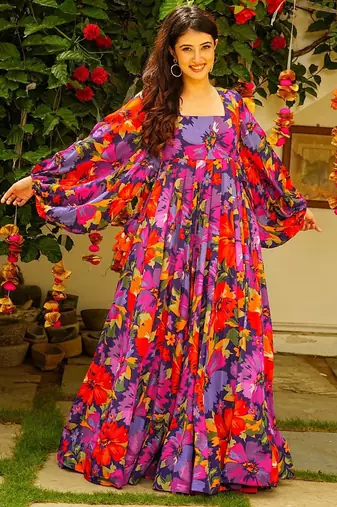 Multicolor digital printed georgette traditional anarkali gown