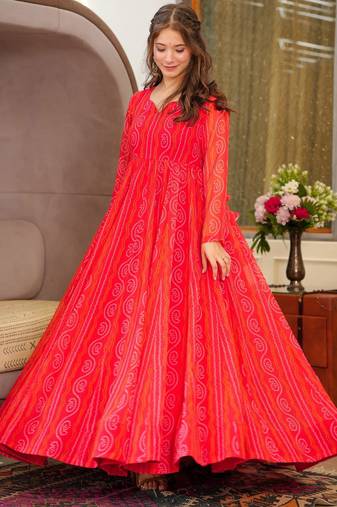 Red digital printed georgette traditional anarkali gown
