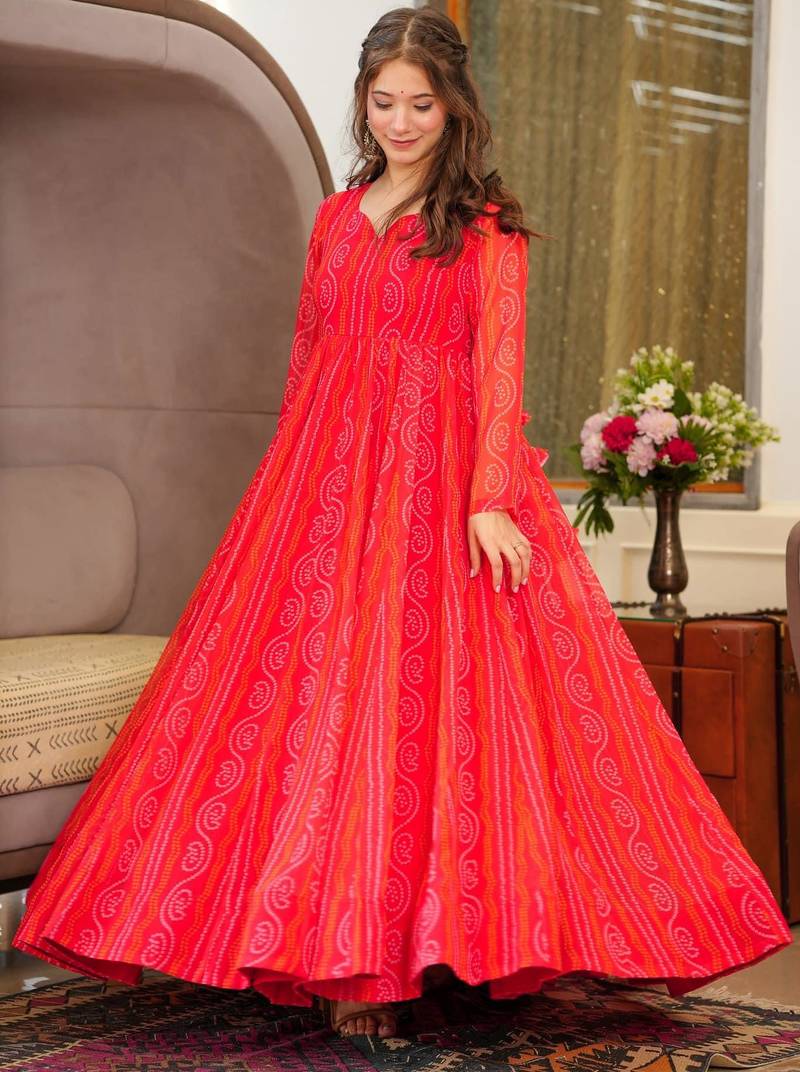 Red digital printed georgette traditional anarkali gown