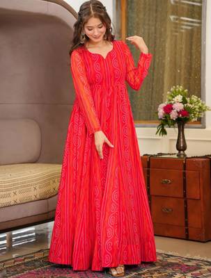 Red digital printed georgette traditional anarkali gown 2