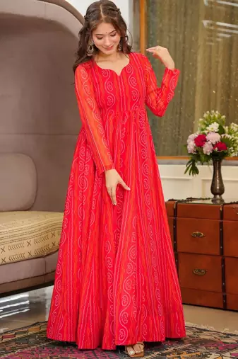 Red digital printed georgette traditional anarkali gown