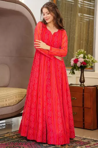 Red digital printed georgette traditional anarkali gown