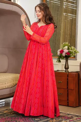 Red digital printed georgette traditional anarkali gown