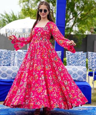 Pink digital printed georgette traditional anarkali gown 1
