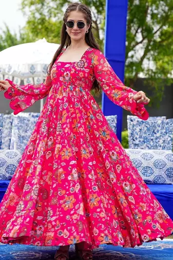 Pink digital printed georgette traditional anarkali gown