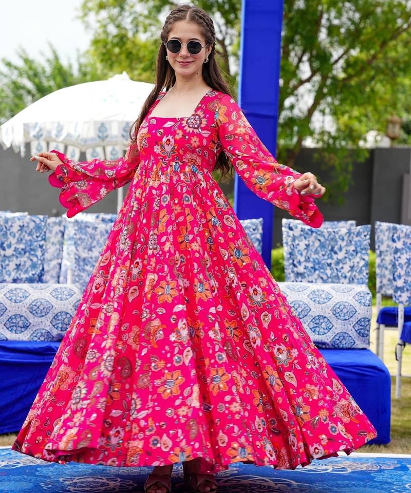 Pink digital printed georgette traditional anarkali gown