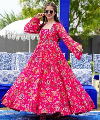 Pink digital printed georgette traditional anarkali gown 2