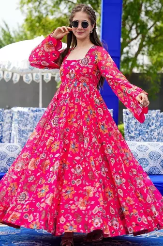 Pink digital printed georgette traditional anarkali gown