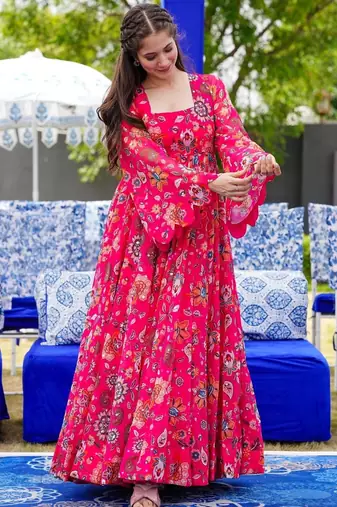 Pink digital printed georgette traditional anarkali gown