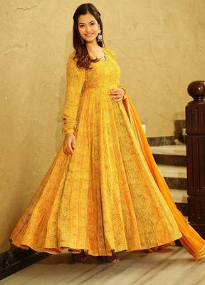 Yellow digital printed georgette traditional anarkali gown with dupatta 1