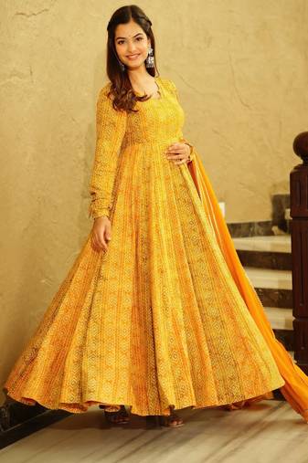 Yellow digital printed georgette traditional anarkali gown with dupatta