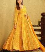 Yellow digital printed georgette traditional anarkali gown with dupatta