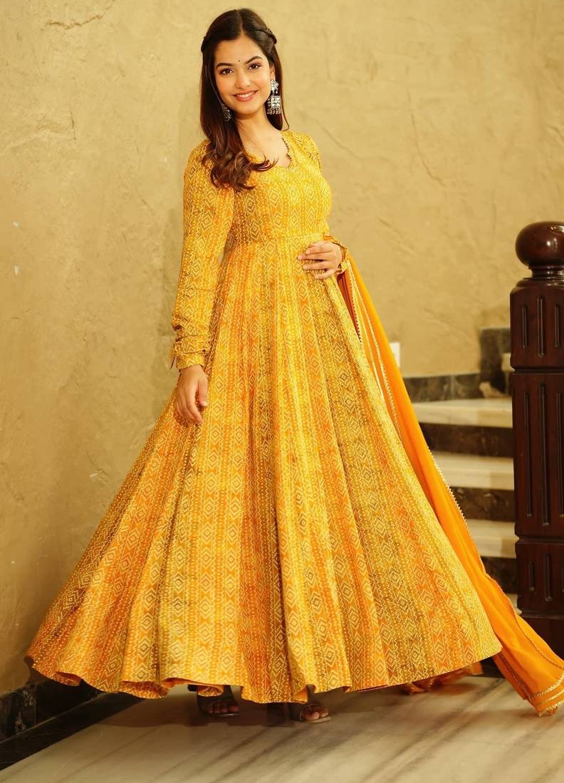 Yellow digital printed georgette traditional anarkali gown with dupatta
