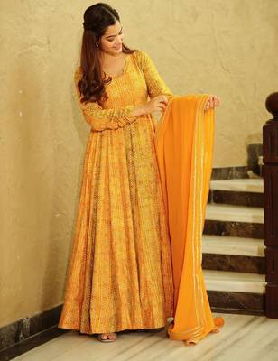 Yellow digital printed georgette traditional anarkali gown with dupatta 2