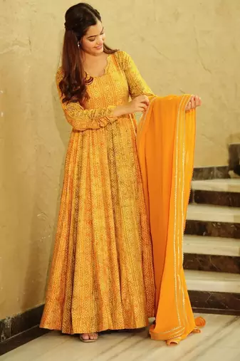 Yellow digital printed georgette traditional anarkali gown with dupatta