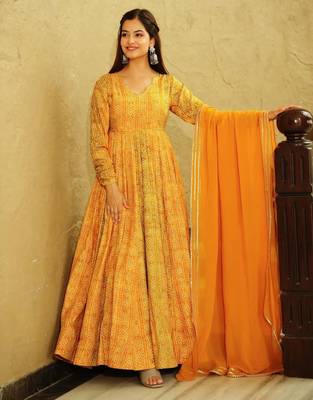 Yellow digital printed georgette traditional anarkali gown with dupatta 3