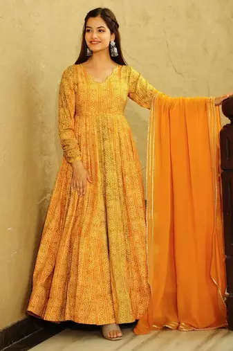 Yellow digital printed georgette traditional anarkali gown with dupatta