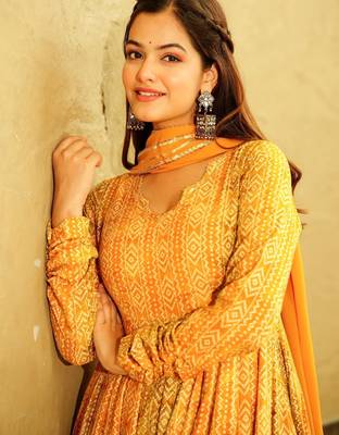 Yellow digital printed georgette traditional anarkali gown with dupatta 4