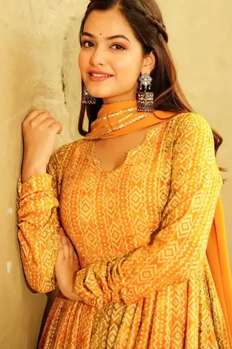 Yellow digital printed georgette traditional anarkali gown with dupatta