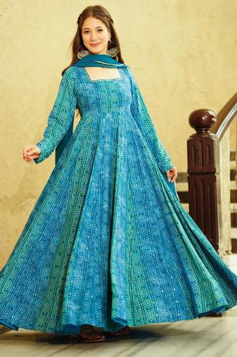 Blue digital printed georgette traditional anarkali gown with dupatta