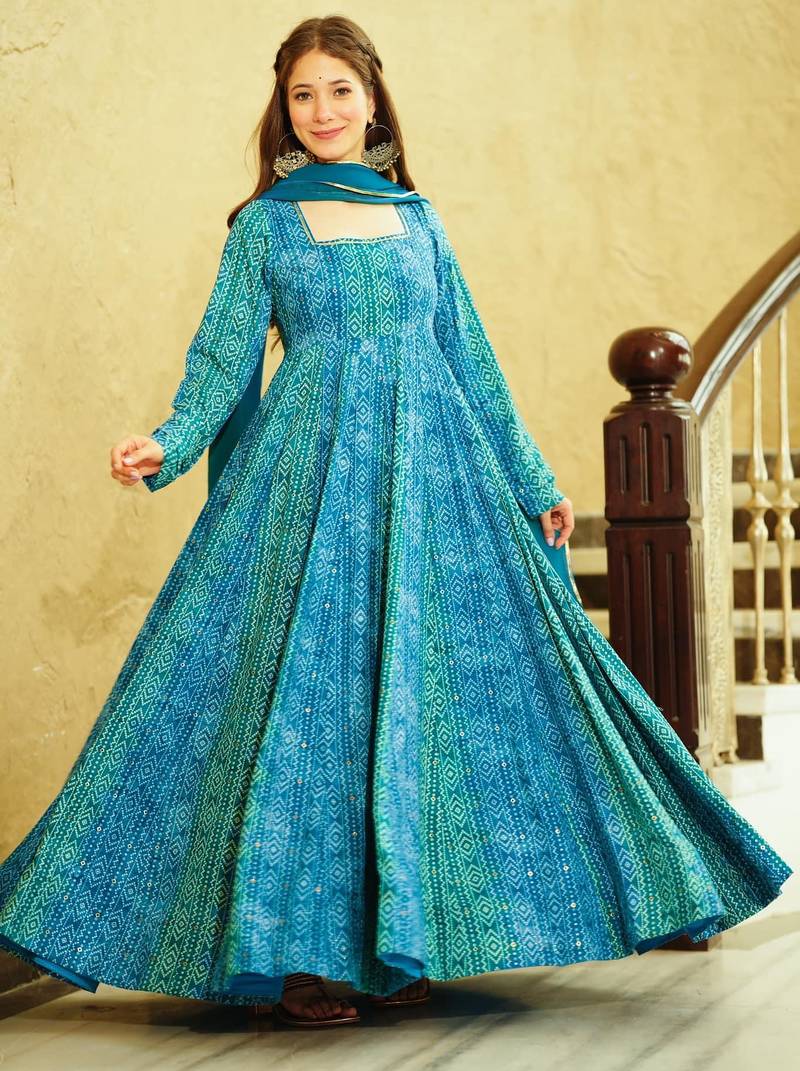 Blue digital printed georgette traditional anarkali gown with dupatta