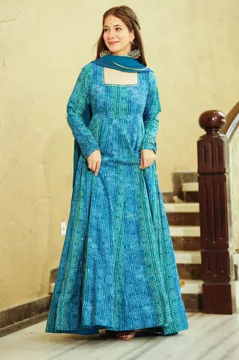 Blue digital printed georgette traditional anarkali gown with dupatta