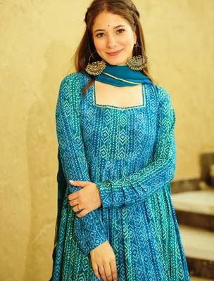 Blue digital printed georgette traditional anarkali gown with dupatta 3
