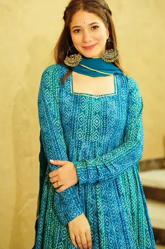 Blue digital printed georgette traditional anarkali gown with dupatta