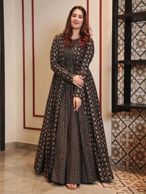 Coal black digital printed muslin traditional anarkali gown with shrug 1