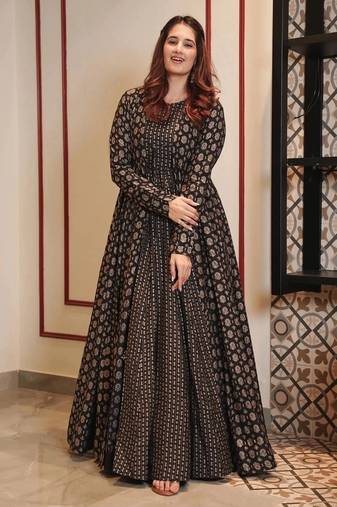 Coal black digital printed muslin traditional anarkali gown with shrug