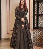 Coal black digital printed muslin traditional anarkali gown with shrug