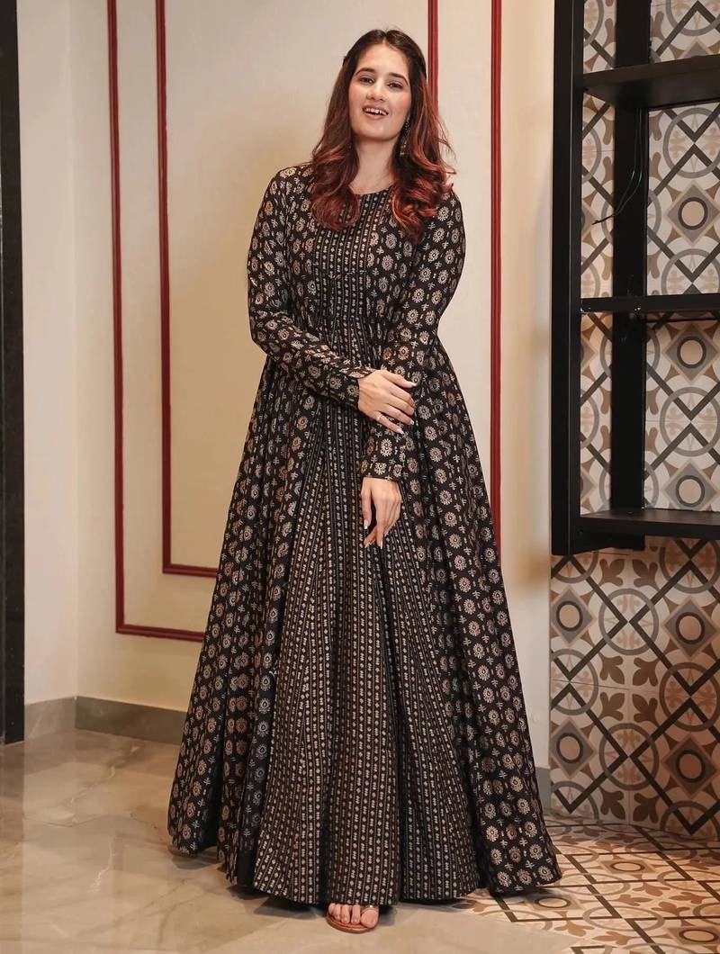 Coal black digital printed muslin traditional anarkali gown with shrug