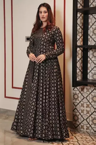 Coal black digital printed muslin traditional anarkali gown with shrug