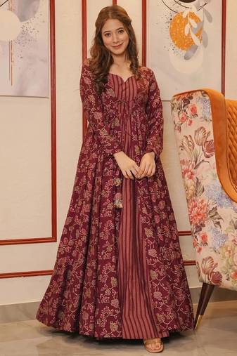 Maroon digital printed muslin traditional anarkali gown with shrug
