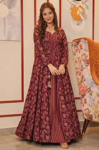 Maroon digital printed muslin traditional anarkali gown with shrug