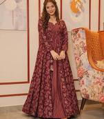 Maroon digital printed muslin traditional anarkali gown with shrug