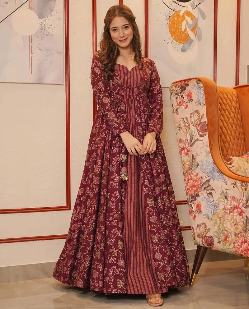 Maroon digital printed muslin traditional anarkali gown with shrug