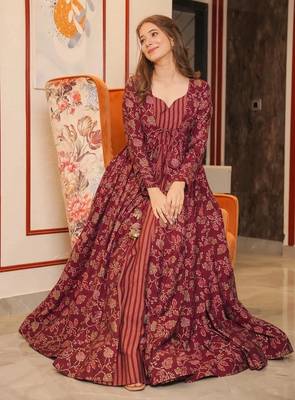 Maroon digital printed muslin traditional anarkali gown with shrug 2