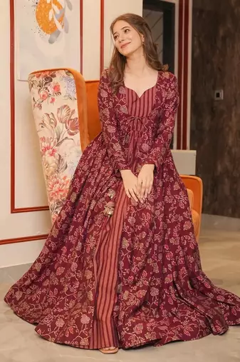 Maroon digital printed muslin traditional anarkali gown with shrug
