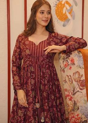 Maroon digital printed muslin traditional anarkali gown with shrug 3