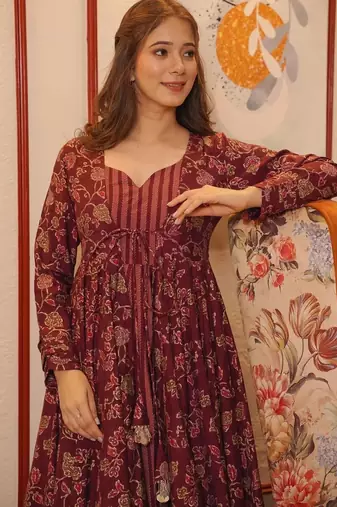 Maroon digital printed muslin traditional anarkali gown with shrug