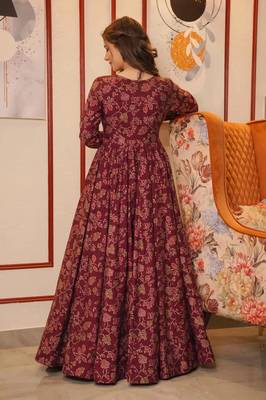 Maroon digital printed muslin traditional anarkali gown with shrug 4
