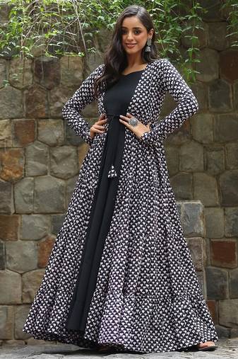 Black digital printed muslin traditional anarkali gown with shrug