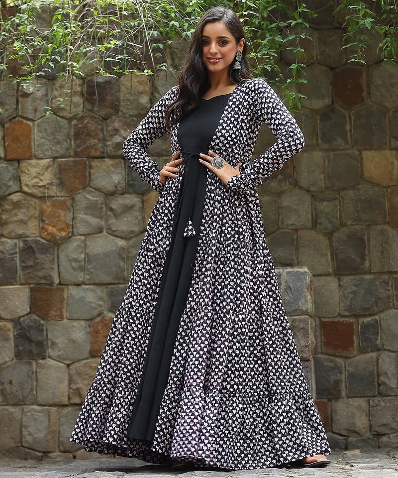 Black digital printed muslin traditional anarkali gown with shrug