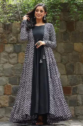 Black digital printed muslin traditional anarkali gown with shrug