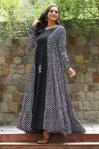 Black digital printed muslin traditional anarkali gown with shrug