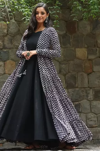 Black digital printed muslin traditional anarkali gown with shrug