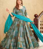 Sky blue digital printed rayon traditional anarkali gown with dupatta