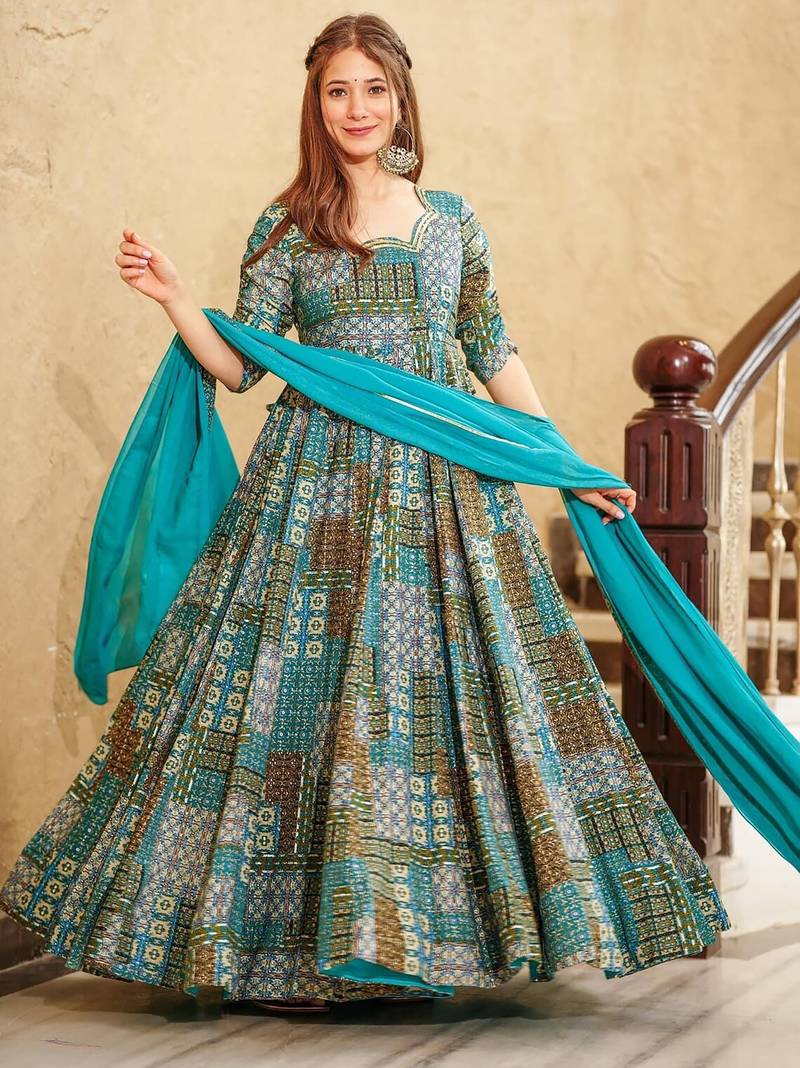 Sky blue digital printed rayon traditional anarkali gown with dupatta
