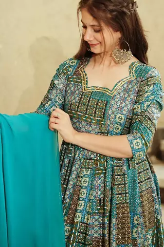 Sky blue digital printed rayon traditional anarkali gown with dupatta